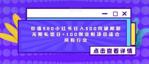 价值980小红书日入300突破限制无限私信日+100创业粉项目适合所有行业-资源云