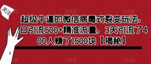 超级牛逼的微信病毒式裂变玩法，日引流500+精准流量，3天引流了400人赚了1500块【揭秘】-资源云