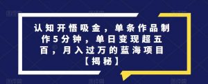 认知开悟吸金,单条作品制作5分钟,单日变现超五百,月入过万的蓝海项目【揭秘】-资源云