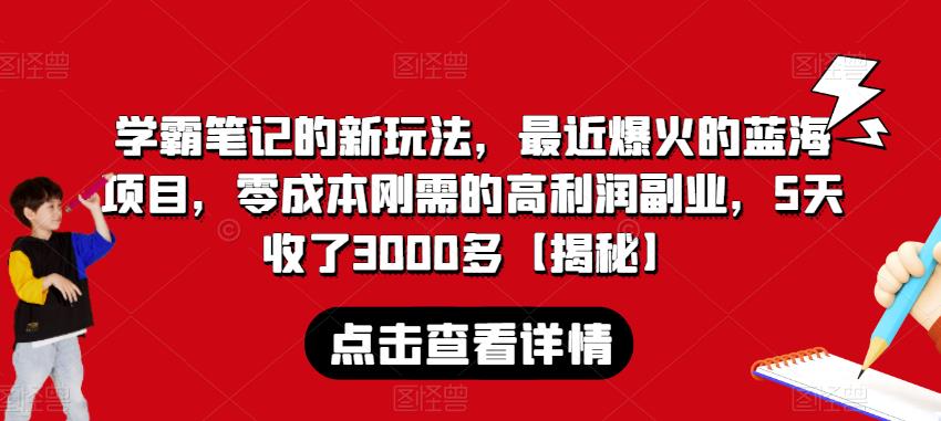 学霸笔记的新玩法，最近爆火的蓝海项目，零成本刚需的高利润副业，5天收了3000多【揭秘】-资源云