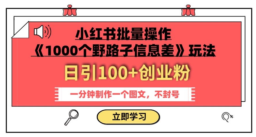 小红书批量操作《1000个野路子信息差》玩法，一分钟制作一个图文，不封号，日引100+创业粉-资源云