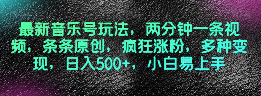最新音乐号玩法，两分钟一条视频，条条原创，疯狂涨粉，多种变现，日入500+，小白易上手【揭秘】-资源云