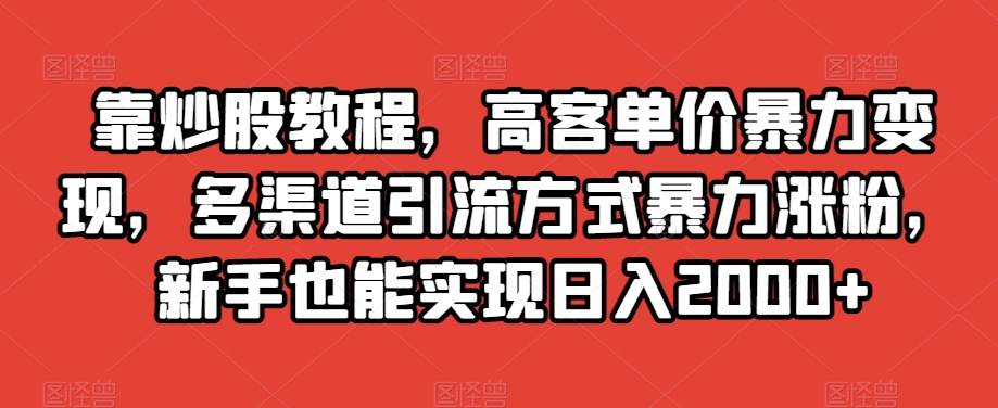 靠炒股教程，高客单价暴力变现，多渠道引流方式暴力涨粉，新手也能实现日入2000+【揭秘】-资源云
