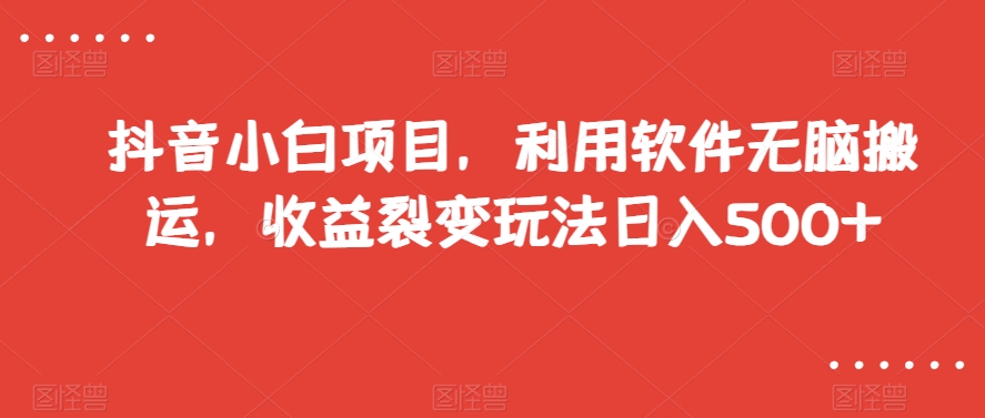 抖音小白项目，利用软件无脑搬运，收益裂变玩法日入500+【揭秘】-资源云