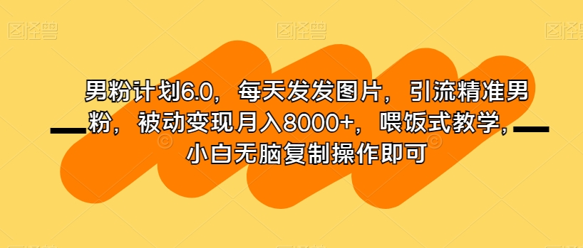 男粉计划6.0，每天发发图片，引流精准男粉，被动变现月入8000+，喂饭式教学，小白无脑复制操作即可-资源云