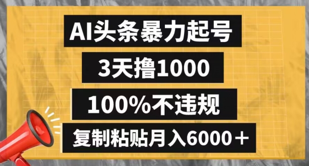 AI头条暴力起号，3天撸1000,100%不违规，复制粘贴月入6000＋【揭秘】-资源云