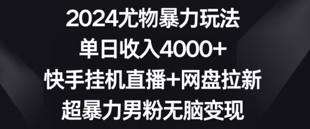 2024尤物暴力玩法，单日收入4000+，快手挂机直播+网盘拉新，超暴力男粉无脑变现【揭秘】-资源云
