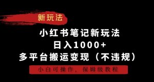 小红书笔记新玩法,日入1000+,多平台搬运变现(不违规),小白可操作,保姆级教程【揭秘】-资源云