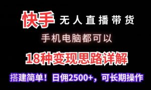 快手无人直播带货，手机电脑都可以，18种变现思路详解，搭建简单日佣2500+【揭秘】-资源云