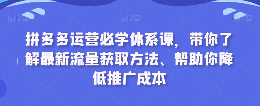 拼多多运营必学体系课，带你了解最新流量获取方法、帮助你降低推广成本-资源云