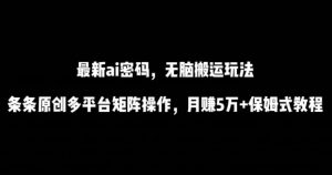 最新ai流量密码,傻瓜式搬运玩法,条条原创,多平台矩阵操作,月赚5万+保姆式教程【揭秘】-资源云