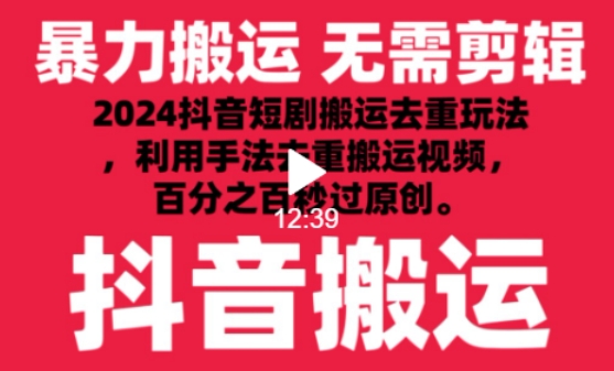 2024最新抖音搬运技术，抖音短剧视频去重，手法搬运，利用工具去重，达到秒过原创的效果【揭秘】-资源云