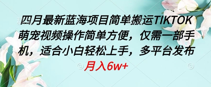 四月最新蓝海项目，简单搬运TIKTOK萌宠视频，操作简单方便，仅需一部手机【揭秘】-资源云