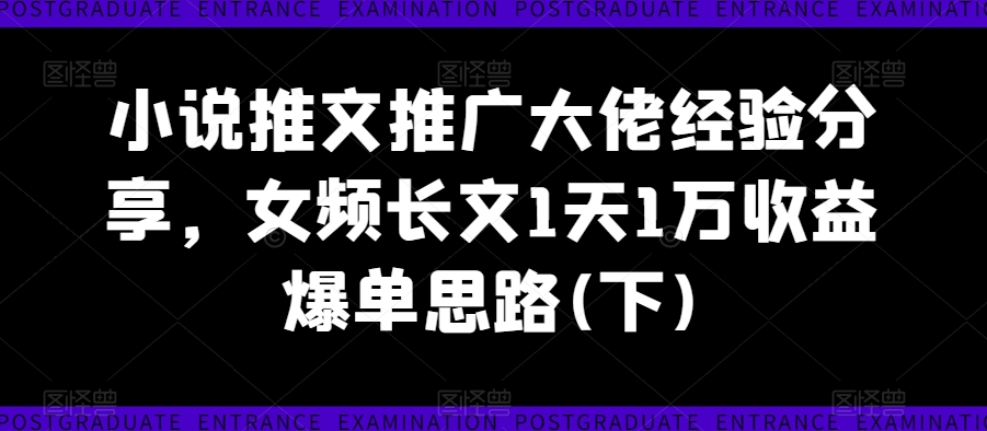 小说推文推广大佬经验分享，女频长文1天1万收益爆单思路(下)-资源云