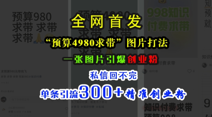 小红书“预算4980带我飞”图片打法，一张图片引爆创业粉，私信回不完，单条引流300+精准创业粉-资源云