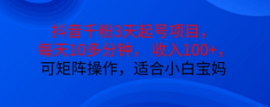 抖音干粉3天起号项目,每天10多分钟,收入100+,可矩阵操作,适合小白宝妈-资源云