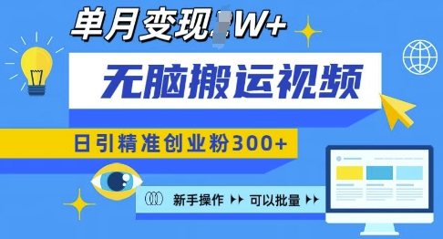 无脑搬运视频号可批量复制，新手即可操作，日引精准创业粉300+，月变现过W 【揭秘】-资源云