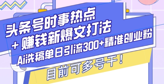 头条号时事热点+赚钱新爆文打法，Ai洗稿单日引流300+精准创业粉，目前可多号干【揭秘】-资源云