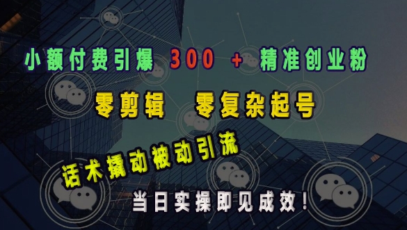 小额付费引爆 300 + 精准创业粉，零剪辑、零复杂起号，话术撬动被动引流，当日实操即见成效-资源云