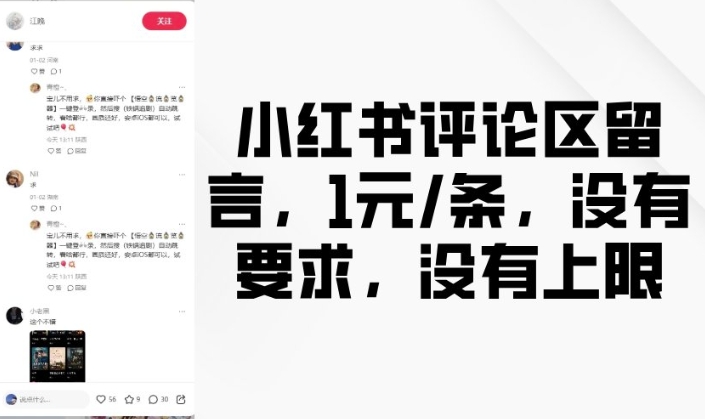 小红书评论区留言，1元条，没有要求，没有上限-资源云
