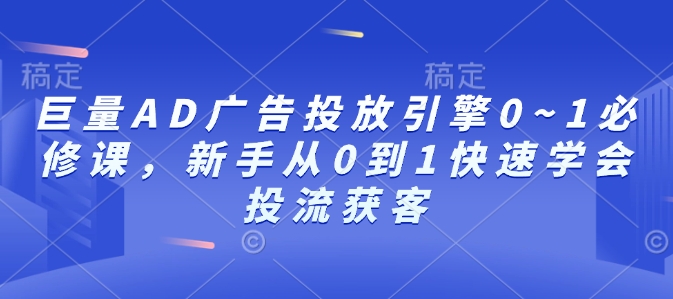 巨量AD广告投放引擎0~1必修课，新手从0到1快速学会投流获客-资源云