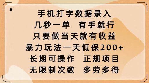 手机打字数据录入，几秒一单，有手就行，只要做当天就有收益，暴力玩法一天低保2张-资源云