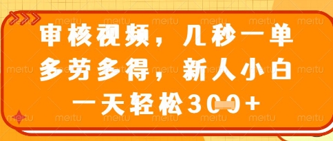视频审核员，几秒一单，不限时间，不限地点，多做多得，新人小白一天轻松几张+【揭秘】-资源云