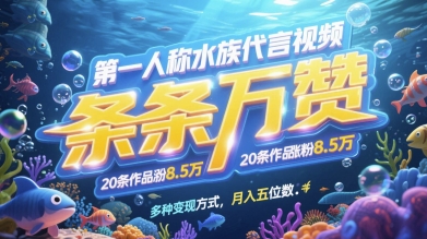 第一人称水族代言视频，条条万赞，20条作品涨粉7.8W，多种变现方式月入五位数-资源云