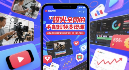 爆火全网的手机短视频变现课，0基础教你拍摄剪辑涨粉运营变现，用一部手机挣钱-资源云