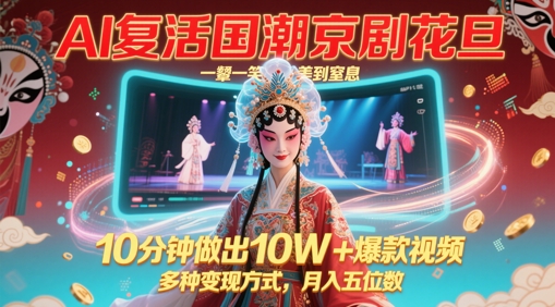 AI复活国潮京剧花旦，一颦一笑美到窒息，10分钟做出10W+爆款视频，多种变现方式，月入五位数-资源云