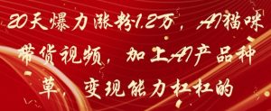 20天爆力涨粉1.2W，AI猫咪带货视频，加上AI产品种草，变现能力杠杠的-资源云