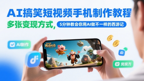 AI搞笑短视频手机制作教程，多张变现方式，5分钟教会你用AI做不一样的西游记-资源云