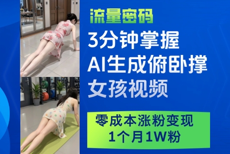 3分钟掌握AI生成俯卧撑女孩视频，零成本涨粉变现，1个月1W粉-资源云