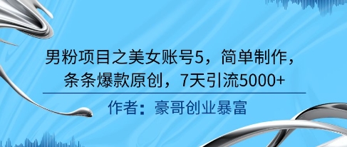 男粉项目之美女账号5，简单制作，条条爆款原创，7天引流5000+-资源云