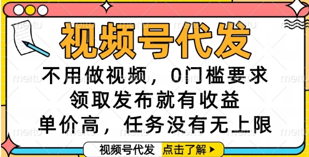 视频号代发，不用做视频，0门槛要求，领取发布就有收益，单价高，任务没有无上限【揭秘】-资源云