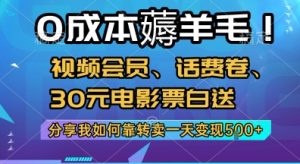 0成本薅羊毛!视频会员、话费卷、30元电影票白送，分享我如何靠转卖一天变现5张+【揭秘】-资源云