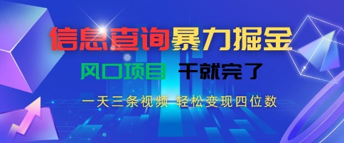 信息查询暴力掘金，一天三条视频，轻松变现四位数，风口项目干就完了【揭秘】-资源云
