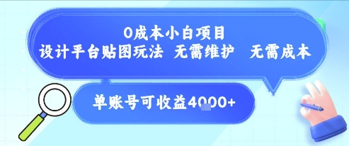 0成本小白项目，设计平台贴图玩法，无需维护，无需成本，单账号单月可产生收益4k+-资源云