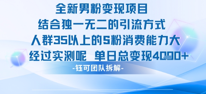 全新男粉变现项目引流人群35以上的男粉消费能力大 经过实测单日变现1k+-资源云