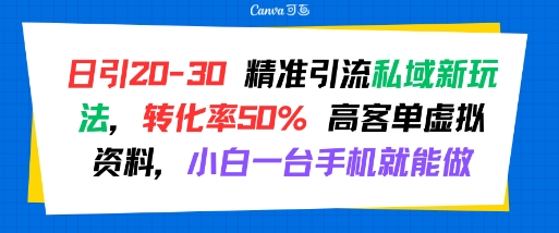 日引 20-30 精准引流私域新玩法，转化率50% 高客单虚拟资料，小白一台手机就能做-资源云