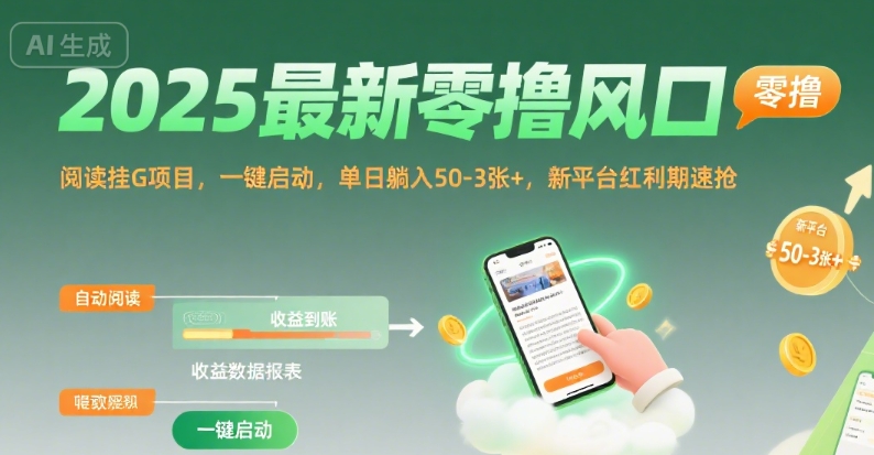 2025最新零撸风口，阅读挂G项目，一键启动，单日躺入 50-3张+，新平台红利期速抢【揭秘】-资源云