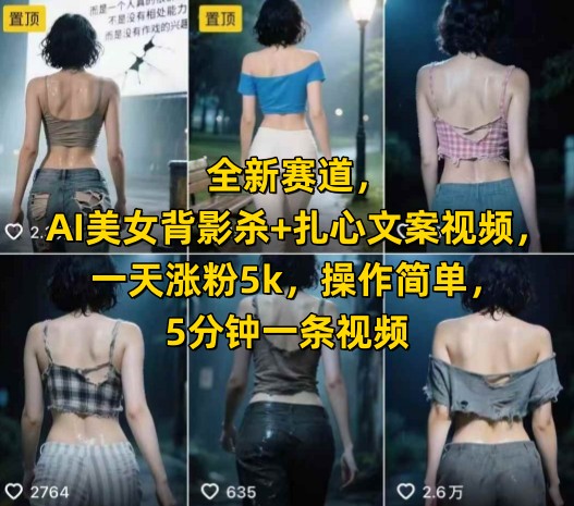 全新赛道，AI美女背影杀+扎心文案视频，一天涨粉5k，操作简单，5分钟一条视频-资源云