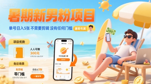 暑期新男粉项目 单号日入5张 不需要剪辑  没有任何门槛-资源云