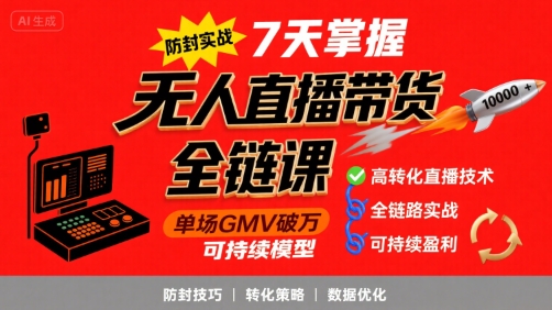 无人直播带货全链防封实战课，7天掌握高转化直播技术，实现单场GMV破万可持续模型-资源云