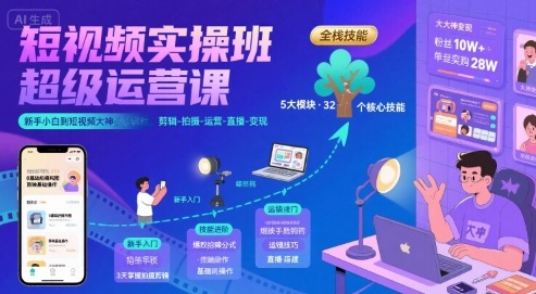 短视频实操班超级运营课，新手小白到短视频大神必修课程，剪辑-拍摄-运营-直播-变现-资源云