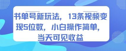 书单号新玩法，13条视频变现5位数，小白操作简单，当天可见收益-资源云
