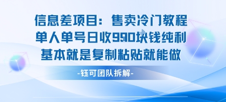 信息差项目：售卖冷门教程单人单号日收9张纯利基本就是复制粘贴就能做-资源云
