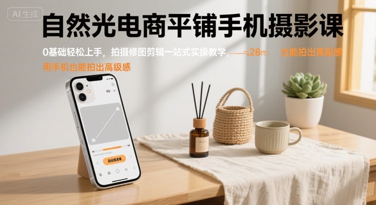 自然光电商平铺手机摄影课，0基础轻松上手，拍摄修图剪辑一站式实操教学，用手机也能拍出高级感-资源云