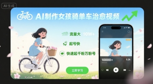AI制作女孩骑单车治愈视频，流量大，起号快，快速起千粉万粉号-资源云