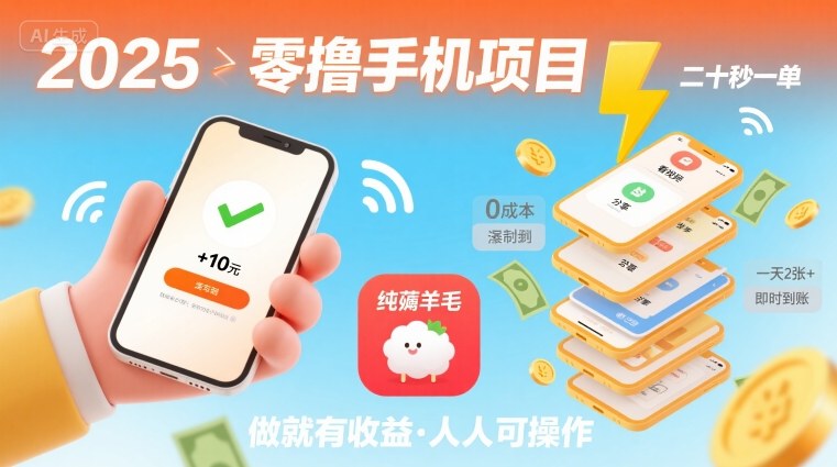 2025年零撸手机项目，二十秒一单，纯薅羊毛 一天2张+做就有【揭秘】-资源云
